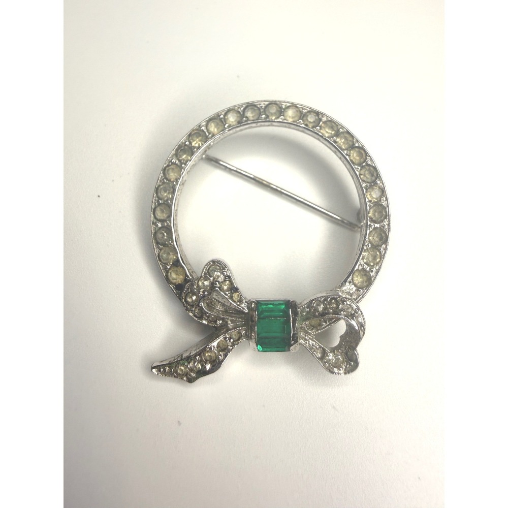 Vintage Sterling Silver Rhinestone Circle Brooch Green Glass Bow Wreath Pin